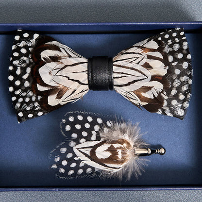 Black & White Owl Feather Bow Tie with Lapel Pin