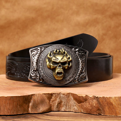 Men's DIY Flame Skull Hidden Folding Knife Leather Belt