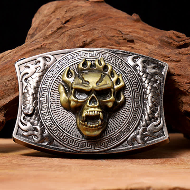 Men's DIY Flame Skull Hidden Folding Knife Leather Belt