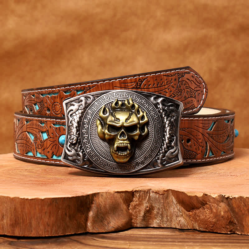 Men's DIY Flame Skull Hidden Folding Knife Leather Belt