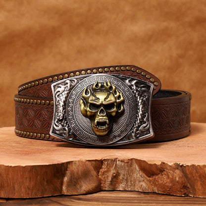 Men's DIY Flame Skull Hidden Folding Knife Leather Belt