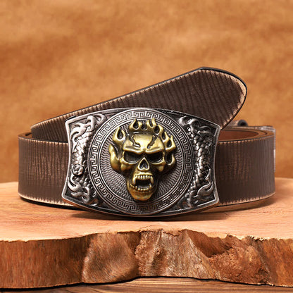 Men's DIY Flame Skull Hidden Folding Knife Leather Belt