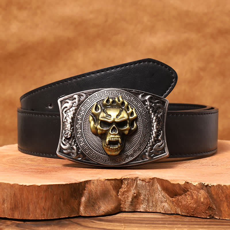 Men's DIY Flame Skull Hidden Folding Knife Leather Belt