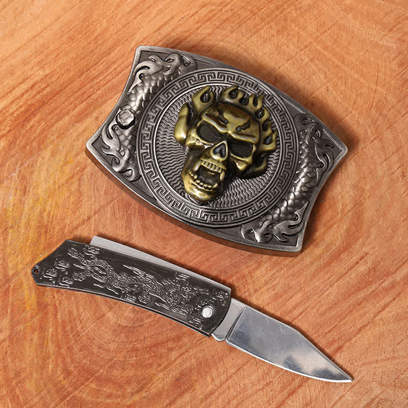 Men's DIY Flame Skull Hidden Folding Knife Leather Belt