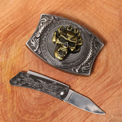 Men's DIY Flame Skull Hidden Folding Knife Leather Belt