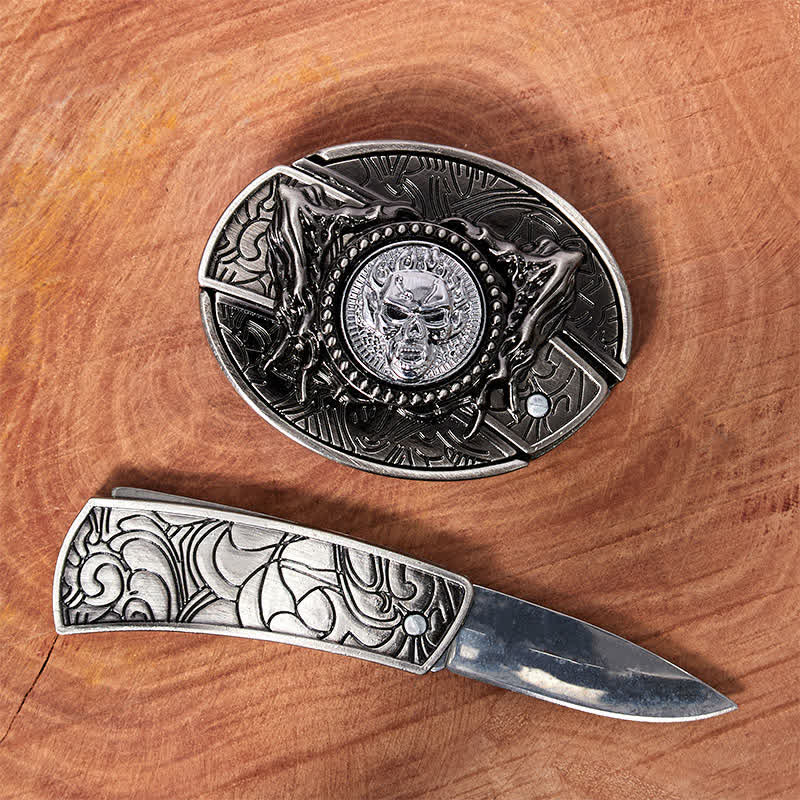 Men's DIY Rotating Skull Hidden Folding Knife Leather Belt