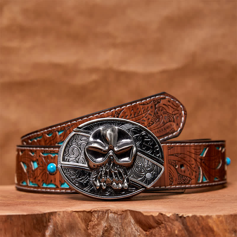 Men's DIY Skull Head Hidden Folding Knife Leather Belt