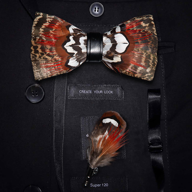 Brown & Red Feather Bow Tie with Lapel Pin