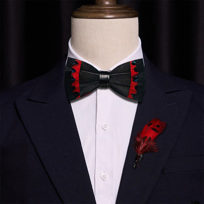 Black & Red Swan Feather Bow Tie with Lapel Pin