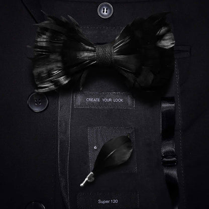 Solid Black Feather Bow Tie with Lapel Pin
