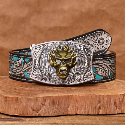 Men's DIY Flame Skull Hidden Folding Knife Leather Belt