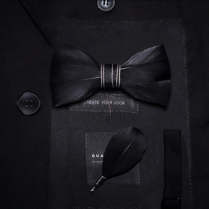 Black Noble Feather Bow Tie with Lapel Pin